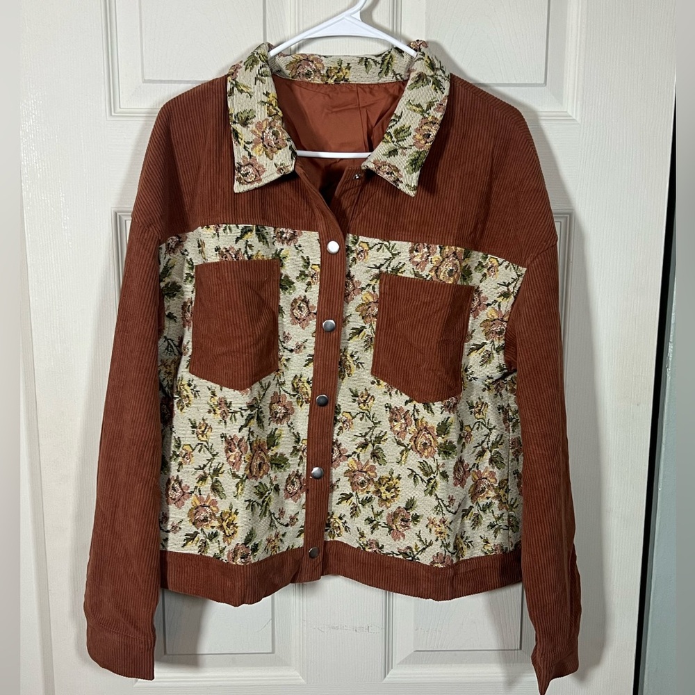 Rust Corduroy Floral Patchwork Shacket Snap Button Jacket Boho - Picture 3 of 8